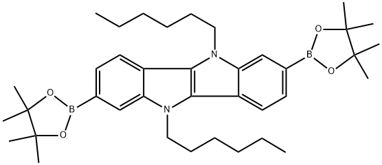 OC1051, 	5,10-Dihexyl-2,7-bis(4,4,5,5-tetramethyl-1,3,2-dioxaborolan-2-yl)-5,10-dihydroindolo[3,2-b]indole|OC1051, 	 5,10-二己基-2,7-双(4,4,5,5-四甲基-1,3,2-二氧杂硼戊烷-2-基)-5,10-二氢吲哚并[3,2-B]吲哚