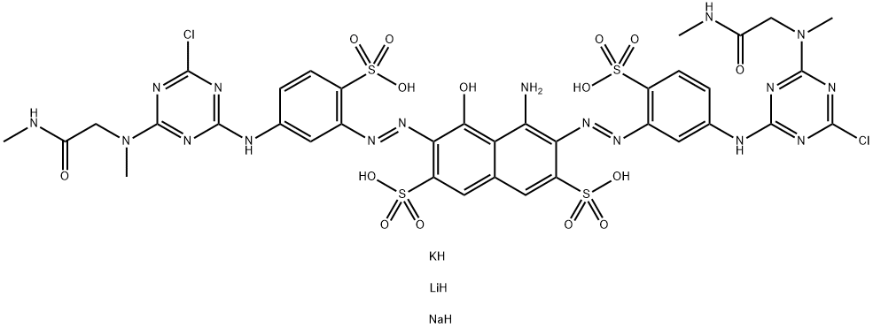 2,7-Naphthalenedisulfonic acid, 4-amino-3,6-bis5-4-chloro-6-methyl2-(methylamino)-2-oxoethylamino-1,3,5-triazin-2-ylamino-2-sulfophenylazo-5-hydroxy-, lithium potassium sodium salt Struktur