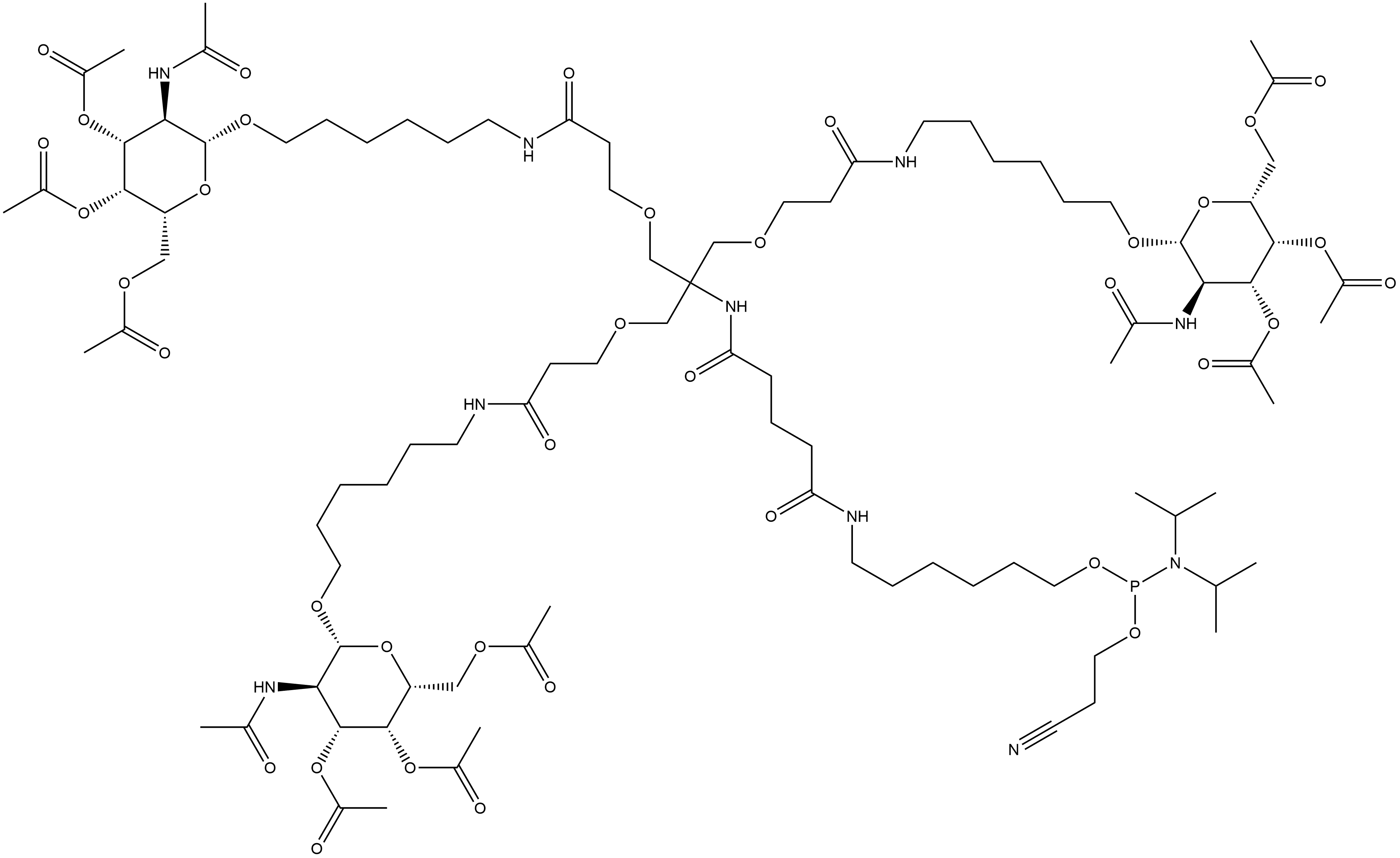Phosphoramidous acid, N,N-bis(1-methylethyl)-, 2-cyanoethyl 8,12,19-trioxo-14,14-bis[[3-oxo-3-[[6-[[3,4,6-tri-O-acetyl-2-(acetylamino)-2-deoxy-β-D-galactopyranosyl]oxy]hexyl]amino]propoxy]methyl]-26-[[3,4,6-tri-O-acetyl-2-(acetylamino)-2-deoxy-β-D-galactopyranosyl]oxy]-16-oxa-7,13,20-triazahexacos-1... Structure