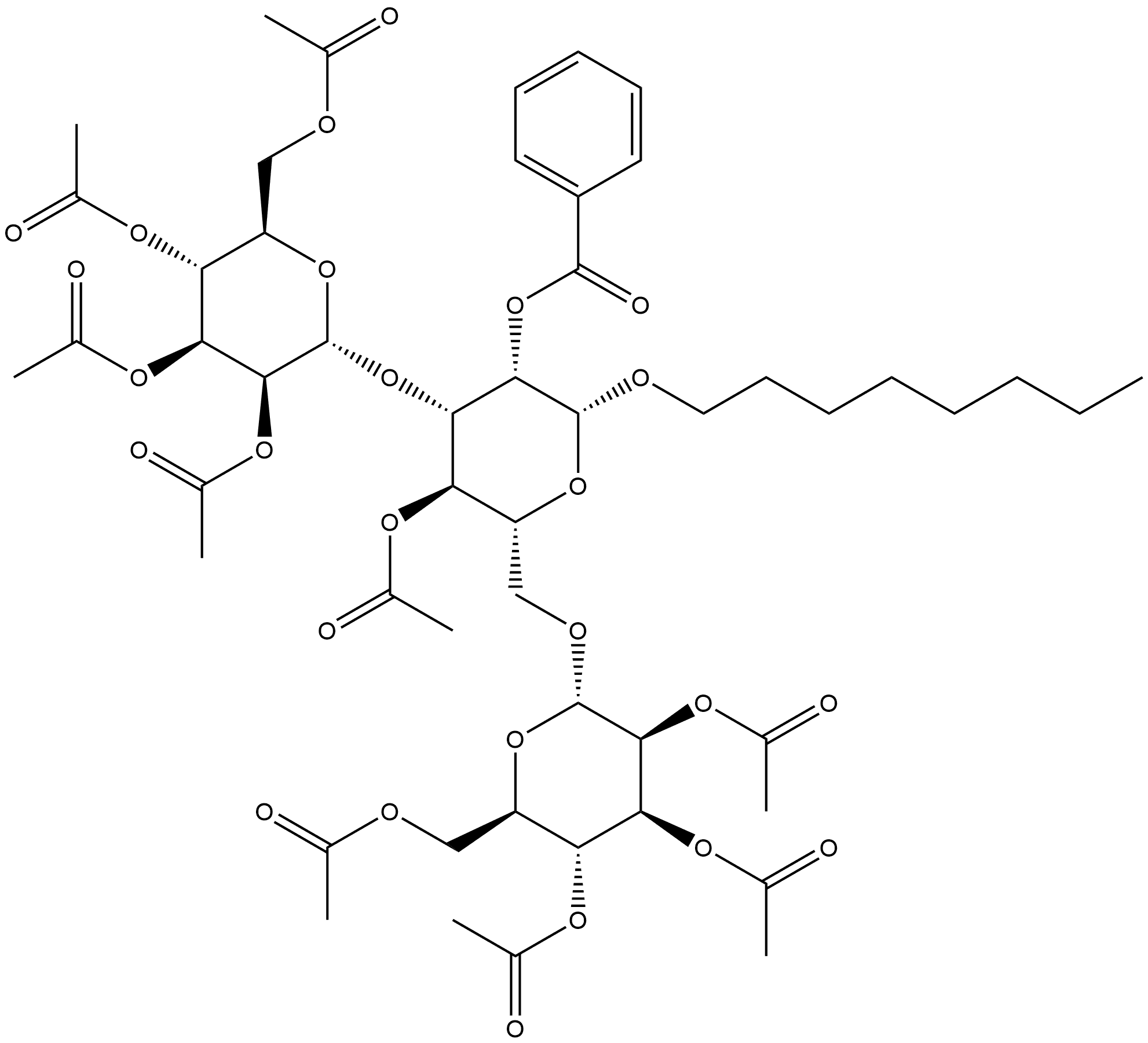 β-D-Mannopyranoside, octyl O-2,3,4,6-tetra-O-acetyl-α-D-mannopyranosyl-(1→3)-O-[2,3,4,6-tetra-O-acetyl-α-D-mannopyranosyl-(1→6)]-, 4-acetate 2-benzoate 化学構造式
