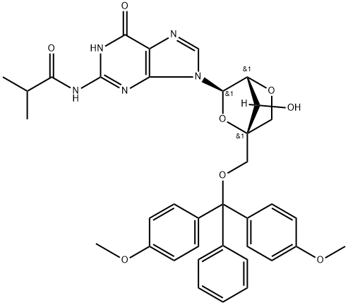 N-(9-(((1R,3R,4R,7S)-1-((双(4-甲氧基苯基)(苯基)甲氧基)甲基)-7-羟基-2,5-二氧杂双环[2.2.1]庚烷-3-基)-6-氧代-5,9-二氢-6H-嘌呤-2-基)异丁酰胺, 206055-72-3, 结构式