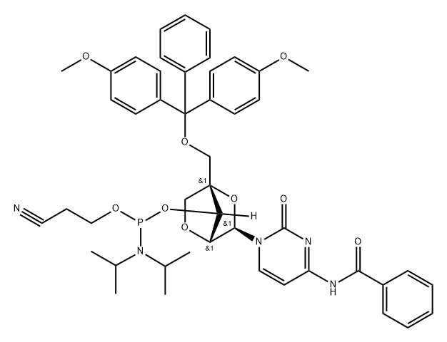 Cytidine, N-benzoyl-5'-O-[bis(4-methoxyphenyl)phenylmethyl]-2'-O,4'-C-methylene-, 3'-[2-cyanoethyl bis(1-methylethyl)phosphoramidite] (9CI) 化学構造式