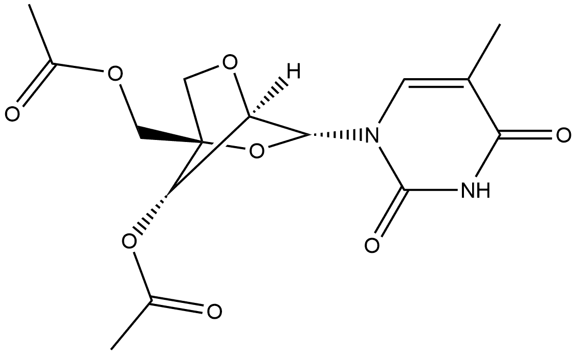 2,4(1H,3H)-Pyrimidinedione, 1-[3-O-acetyl-4-C-[(acetyloxy)methyl]-2,5-anhydro-α-L-lyxofuranosyl]-5-methyl- (9CI) Struktur