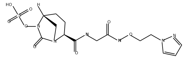 Sulfuric acid, mono[(2S,5R)-7-oxo-2-[[[2-oxo2-[[2-(1H-pyrazol-1-yl)ethoxy]amino]ethyl] amino]carbonyl]-1,6-diazabicyclo[3.2.1]oct-6- yl] ester Struktur