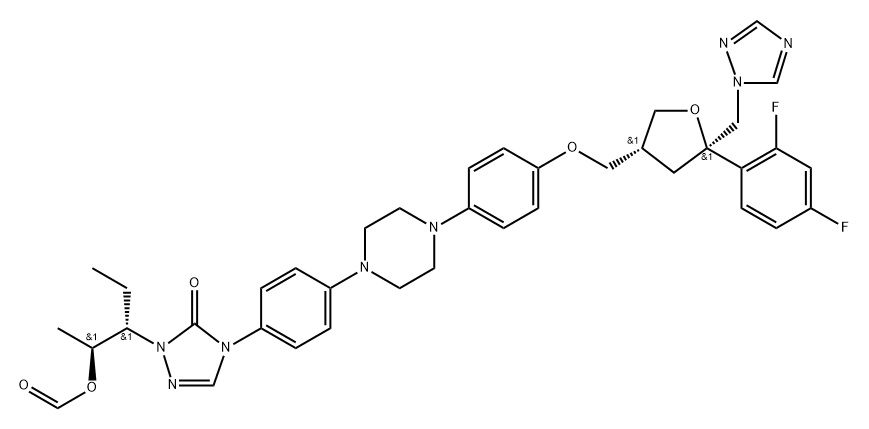 D-threo-Pentitol, 2,5-anhydro-1,3,4-trideoxy-2-C-(2,4-difluorophenyl)-4-[[4-[4-[4-[1-[(1S,2S)-1-ethyl-2-(formyloxy)propyl]-1,5-dihydro-5-oxo-4H-1,2,4-triazol-4-yl]phenyl]-1-piperazinyl]phenoxy]methyl]-1-(1H-1,2,4-triazol-1-yl)- Struktur