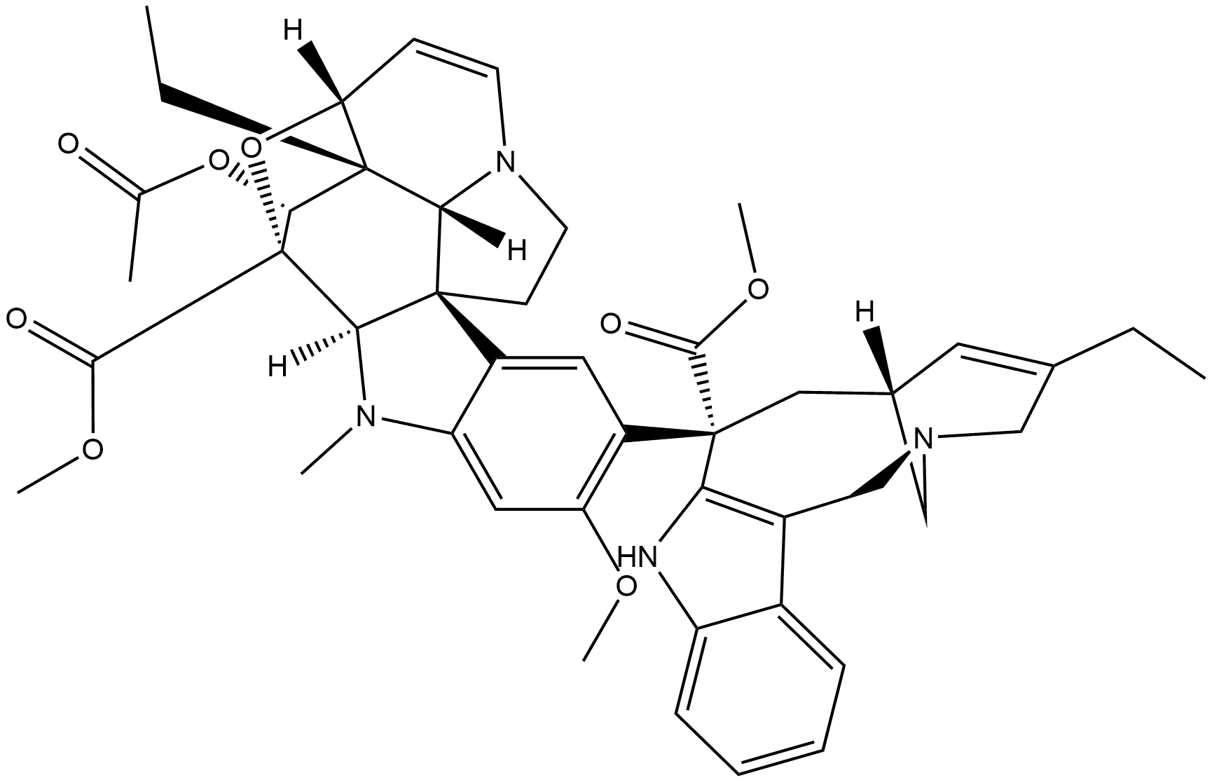 Aspidospermidine-3-carboxylic acid, 4-(acetyloxy)-7,8-didehydro-3,6-epoxy-15-[(2R,6R,8S)-4-ethyl-1,3,6,7,8,9-hexahydro-8-(methoxycarbonyl)-2,6-methano-2H-azecino[4,3-b]indol-8-yl]-3-hydroxy-16-methoxy-1-methyl-, methyl ester, (2β,3β,4β,5α,6β,12R,19α)- 化学構造式