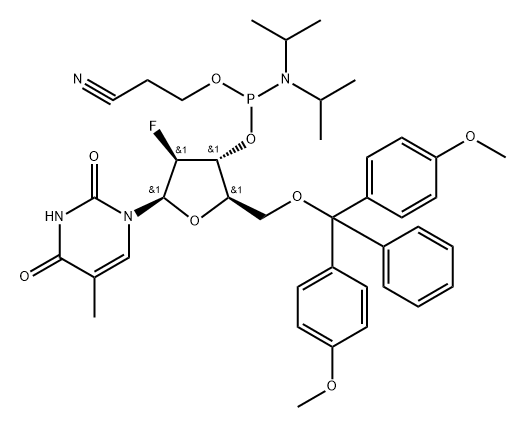 5'-O-(4,4'-Dimethoxytrityl)-2'-deoxy-2'-fluoro-5-methyl-beta-D-arabinouridine-3'-CED-phosphoramidite 化学構造式
