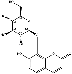 7-ヒドロキシ-8-(β-D-グルコピラノシルオキシ)-2H-1-ベンゾピラン-2-オン 化学構造式