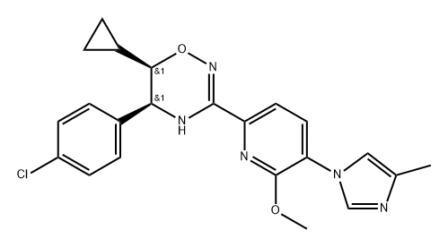 2H-1,2,4-Oxadiazine, 5-(4-chlorophenyl)-6-cyclopropyl-5,6-dihydro-3-[6-methoxy-5-(4-methyl-1H-imidazol-1-yl)-2-pyridinyl]-, (5R,6S)-rel-(+)- 化学構造式