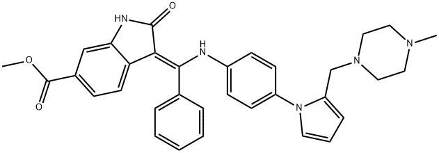 1H-Indole-6-carboxylic acid, 2,3-dihydro-3-[[[4-[2-[(4-methyl-1-piperazinyl)methyl]-1H-pyrrol-1-yl]phenyl]amino]phenylmethylene]-2-oxo-, methyl ester, (3Z)- Structure