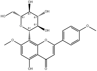 2-(4-メトキシフェニル)-7-メトキシ-8-(β-D-グルコピラノシル)-5-ヒドロキシ-4H-1-ベンゾピラン-4-オン 化学構造式