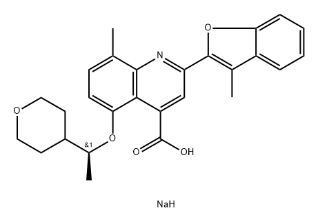 4-Quinolinecarboxylic acid, 8-methyl-2-(3-methyl-2-benzofuranyl)-5-[(1S)-1-(tetrahydro-2H-pyran-4-yl)ethoxy]-, sodium salt (1:1) Struktur