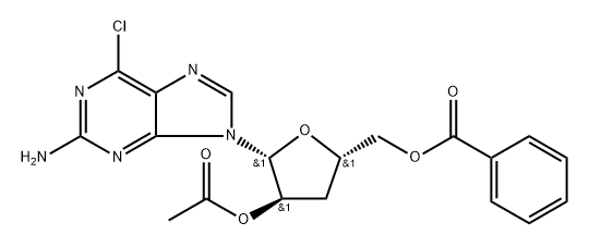 2-Amino-6-chloro-9-(3-deoxy-2-O-acetyl-5-O-benzoyl-beta-D-ribofuanosyl)-9H-purine Struktur