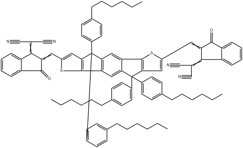 Propanedinitrile, 2,2'-[[4,4,9,9-tetrakis(4-hexylphenyl)-4,9-dihydro-s-indaceno[1,2-b:5,6-b']dithiophene-2,7-diyl]bis[methylidyne(3-oxo-1H-indene-2,1(3H)-diylidene)]]bis- Struktur