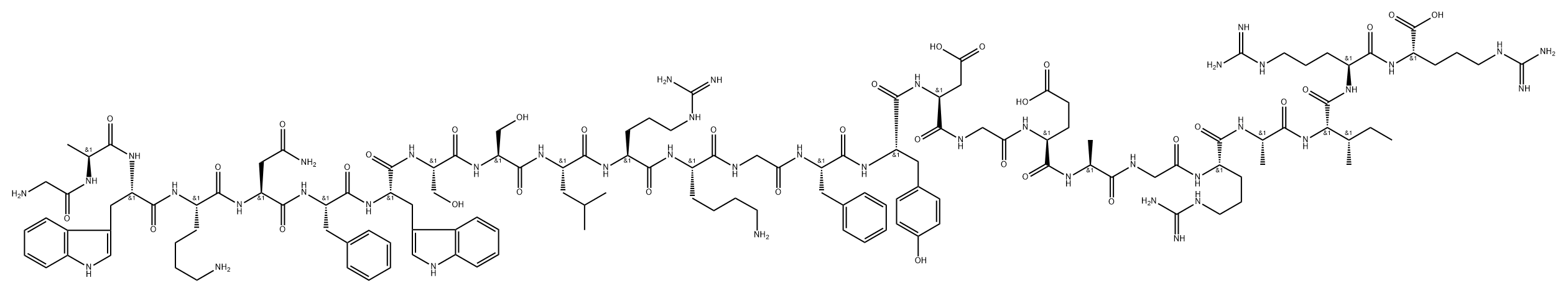 L-Arginine, glycyl-L-alanyl-L-tryptophyl-L-lysyl-L-asparaginyl-L-phenylalanyl-L-tryptophyl-L-seryl-L-seryl-L-leucyl-L-arginyl-L-lysylglycyl-L-phenylalanyl-L-tyrosyl-L-α-aspartylglycyl-L-α-glutamyl-L-alanylglycyl-L-arginyl-L-alanyl-L-isoleucyl-L-arginyl-,209623-64-3,结构式