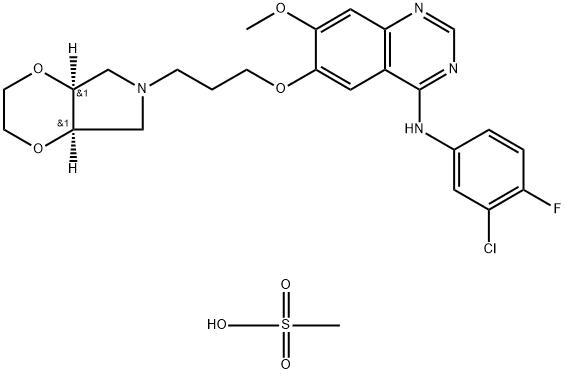 4-Quinazolinamine, N-(3-chloro-4-fluorophenyl)-6-[3-[(4aR,7aS)-hexahydro-6H-1,4-dioxino[2,3-c]pyrrol-6-yl]propoxy]-7-methoxy-, rel-, methanesulfonate, hydrate (2:4:1) Struktur