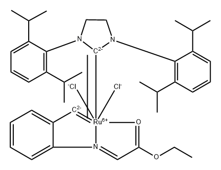 二氯(1,3-二异丙基苯基咪唑烷-2-亚基){2-[(乙氧基-2-氧代亚乙基)氨基]亚苄基}钌(II) 结构式