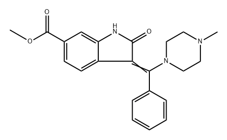 Nintedanib impurity 27/2,3-Dihydro-3-[(4-methyl-1-piperazinyl)phenylmethylene]-2-oxo-1H-indole-6-carboxylic acid methyl ester 化学構造式