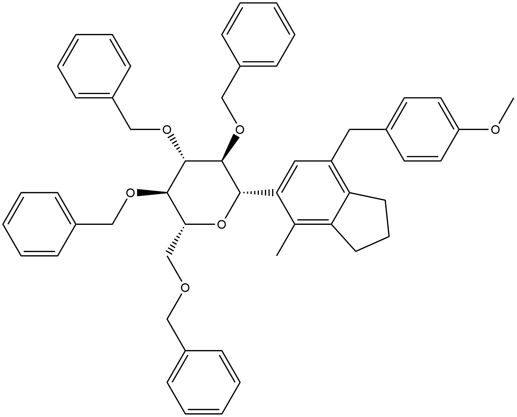 (2R ,3R ,4R ,5S ,6S)-3 ,4 ,5-三(苄氧基)-2-(苄氧基甲基)-6-(7-(4-甲氧基苄基)-4-甲基-2 ,3-二氢-1H-茚-5-基)四氢-2H-吡喃, 2104694-99-5, 结构式