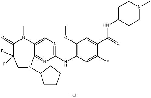 Benzamide, 4-[(9-cyclopentyl-7,7-difluoro-6,7,8,9-tetrahydro-5-methyl-6-oxo-5H-pyrimido[4,5-b][1,4]diazepin-2-yl)amino]-2-fluoro-5-methoxy-N-(1-methyl-4-piperidinyl)-, hydrochloride (1:1) 结构式
