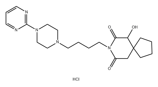 8-Azaspiro[4.5]decane-7,9-dione, 6-hydroxy-8-[4-[4-(2-pyrimidinyl)-1-piperazinyl]butyl]-, hydrochloride (1:1) 结构式