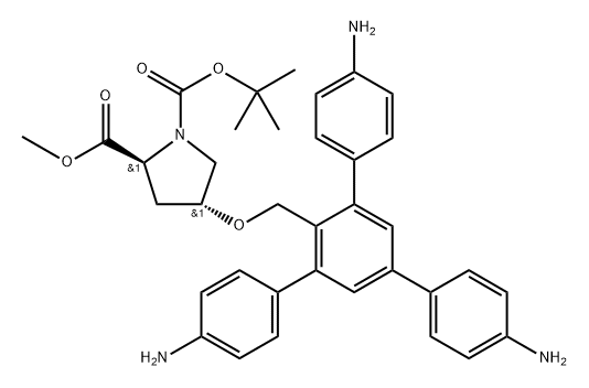 1-(tert-butyl) 2-methyl (2S,4R)-4-((4,4''-diamino-5'-(4-aminophenyl)-[1,1':3',1''-terphenyl]-4'-yl)methoxy)pyrrolidine-1,2-dicarboxylate Struktur