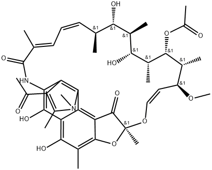 9,4-(Epoxypentadeca[1,11,13]trienimino)-1H-benzofuro[5,4-g]indole-10,26(9H)-dione, 3-acetyl-16-(acetyloxy)-5,6,18,20-tetrahydroxy-14-methoxy-1,2,7,9,15,17,19,21,25-nonamethyl-, (9S,12E,14S,15R,16S,17R,18R,19R,20S,21S,22E,24Z)- (9CI) Structure