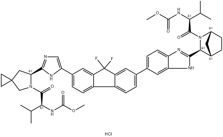 Carbamic acid, N-[(1S)-1-[[(6S)-6-[5-[9,9-difluoro-7-[2-[(1R,3S,4S)-2-[(2S)-2-[(methoxycarbonyl)amino]-3-methyl-1-oxobutyl]-2-azabicyclo[2.2.1]hept-3-yl]-1H-benzimidazol-6-yl]-9H-fluoren-2-yl]-1H-imidazol-2-yl]-5-azaspiro[2.4]hept-5-yl]carbonyl]-2-methylpropyl]-, methyl ester, hydrochloride (1:1)|盐酸雷迪帕韦