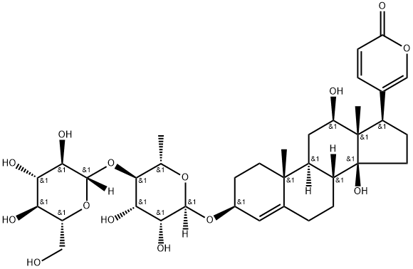 3β-[(4-O-β-D-Glucopyranosyl-6-deoxy-α-L-mannopyranosyl)oxy]-12β,14-dihydroxybufa-4,20,22-trienolide,21305-13-5,结构式