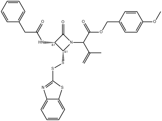 1-Azetidineacetic acid, 2-(2-benzothiazolyldithio)-α-(1-methylethenyl)-4-oxo-3-[(2-phenylacetyl)amino]-, (4-methoxyphenyl)methyl ester, (2R,3R)- Struktur