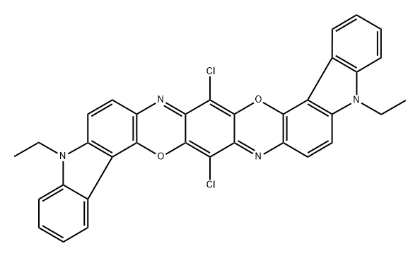 9,19-ジクロロ-5,15-ジエチル-5,15-ジヒドロカルバゾロ[3′,4′:5,6][1,4]オキサジノ[2,3-b]インドロ[3,2-h]フェノキサジン 化学構造式