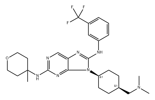 9-((1s,4s)-4-((dimethylamino)methyl)cyclohexyl)-N2-(4-methyltetrahydro-2H-pyran-4-yl)-N8-(3-(trifluoromethyl)phenyl)-9H-purine-2,8-diamine Structure