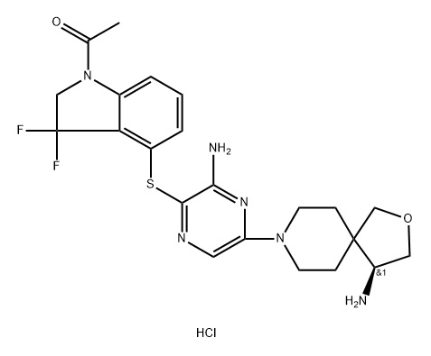 Ethanone, 1-[4-[[3-amino-5-[(4S)-4-amino-2-oxa-8-azaspiro[4.5]dec-8-yl]-2-pyrazinyl]thio]-3,3-difluoro-2,3-dihydro-1H-indol-1-yl]-, hydrochloride (1:1) 结构式