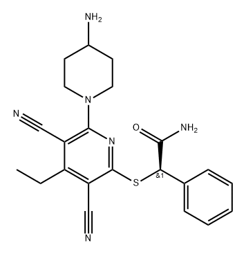 Benzeneacetamide, α-[[6-(4-amino-1-piperidinyl)-3,5-dicyano-4-ethyl-2-pyridinyl]thio]-, (αR)- 化学構造式