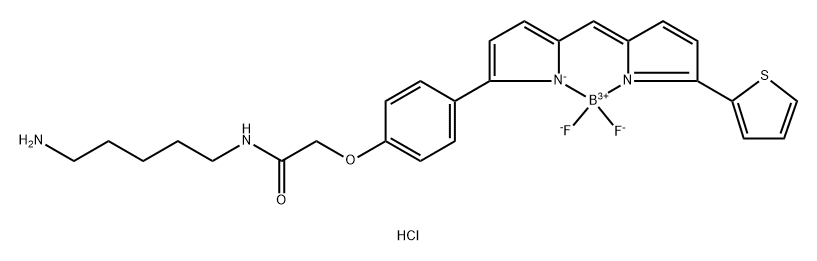 Boron, [N-(5-aminopentyl)-2-[4-[5-[[5-(2-thienyl)-2H-pyrrol-2-ylidene-κN]methyl]-1H-pyrrol-2-yl-κN]phenoxy]acetamidato]difluoro-, hydrochloride (1:1), (T-4)- Struktur