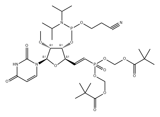 2,?4(1H,?3H)?-?Pyrimidinedione, 1-?[(5E)?-?6-?[bis[(2,?2-?dimethyl-?1-?oxopropoxy)?methoxy]?phosphinyl]?-?3-?O-?[[bis(1-?methylethyl)?amino]?(2-?cyanoethoxy)?phosphino]?-?5,?6-?dideoxy-?2-?O-?methyl-?β-?D-?ribo-?hex-?5-?enofuranosyl]?- Structure