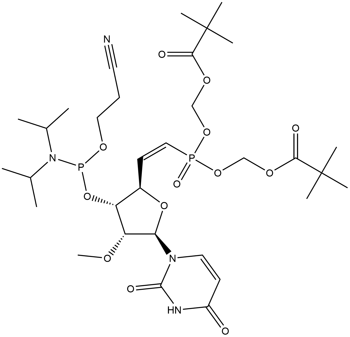 2172373-57-6 2,4(1H,3H)-Pyrimidinedione, 1-[(5Z)-6-[bis[(2,2-dimethyl-1-oxopropoxy)methoxy]phosphinyl]-3-O-[[bis(1-methylethyl)amino](2-cyanoethoxy)phosphino]-5,6-dideoxy-2-O-methyl-β-D-ribo-hex-5-enofuranosyl]-