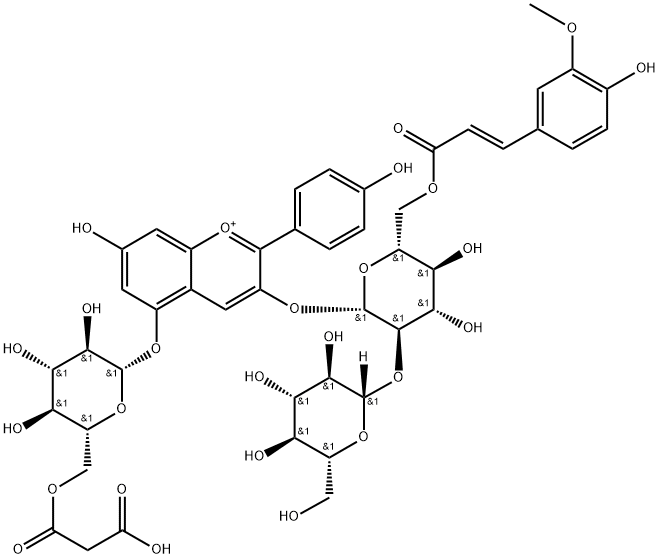 Pelargonidin 3-O-[6-O-(E)-Ferulyl-2-O-β-D-glucoside}-β-D-glucoside]-5-O-(6-O-malonyl）-β-D-glucoside Struktur