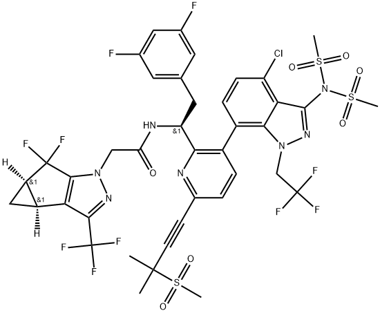 2189684-58-8 1H-Cyclopropa[3,4]cyclopenta[1,2-c]pyrazole-1-acetamide, N-[(1S)-1-[3-[3-[bis(methylsulfonyl)amino]-4-chloro-1-(2,2,2-trifluoroethyl)-1H-indazol-7-yl]-6-[3-methyl-3-(methylsulfonyl)-1-butyn-1-yl]-2-pyridinyl]-2-(3,5-difluorophenyl)ethyl]-5,5-difluoro-3b,4,4a,5-tetrahydro-3-(trifluoromethyl)-, (3bS,4aR)-