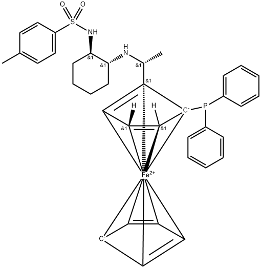 Ferrocene, 1-(diphenylphosphino)-2-[(1R)-1-[[(1R,2R)-2-[[(4-methylphenyl)sulfonyl]amino]cyclohexyl]amino]ethyl]-, (1R)- Struktur