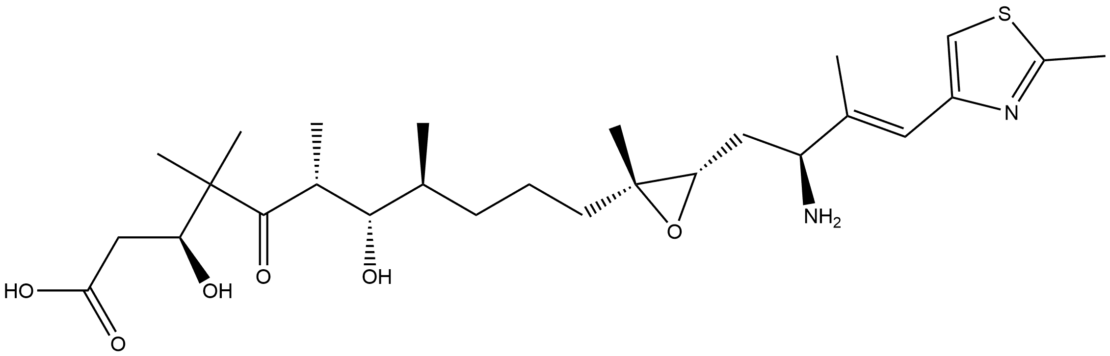 2-Oxiraneundecanoic acid, 3-[(2S,3E)-2-amino-3-methyl-4-(2-methyl-4-thiazolyl)-3-buten-1-yl]-β,ζ-dihydroxy-γ,γ,ε,η,2-pentamethyl-δ-oxo-, (βS,εR,ζS,ηS,2R,3S)- 化学構造式