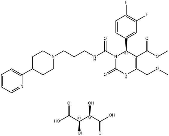 5-Pyrimidinecarboxylic acid, 6-(3,4-difluorophenyl)-1,2,3,6-tetrahydro-4-(methoxymethyl)-2-oxo-1-[[[3-[4-(2-pyridinyl)-1-piperidinyl]propyl]amino]carbonyl]-, methyl ester, (6S)-, (2R,3R)-2,3-dihydroxybutanedioate (1:1) (9CI) 结构式