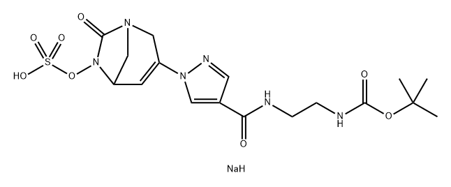 sodium 3-(4-((2-((tert-butoxycarbonyl)amino)ethyl)carbamoyl)-1H-pyrazol-1-yl)-7-oxo-1,6-diazabicyclo[3.2.1]oct-3-en-6-yl sulfate Struktur