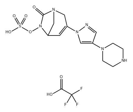 2,2,2-trifluoroacetate [7-oxo-3-(4-piperazin-4-ium-1-ylpyrazol-1-yl)-1,6-diazabicyclo[3.2.1]oct-3-en-6-yl]hydrogen sulfate Structure