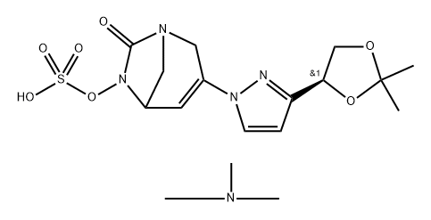 trimethylammonium [3-[3-[(4S)-2,2-dimethyl-1,3-dioxolan-4-yl]pyrazol-1-yl]-7-oxo-1,6-diazabicyclo[3.2.1]oct-3-en-6-yl]sulfate Struktur