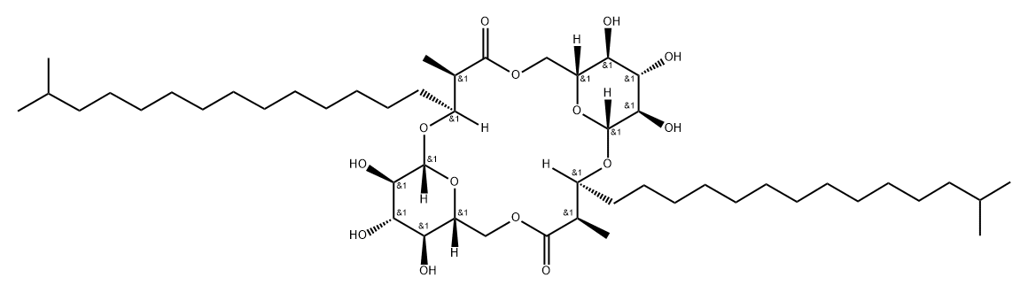 Heptadecanoic acid, 3-[[6-O-[(2R,3S)-3-(β-D-glucopyranosyloxy)-2,16-dimethyl-1-oxoheptadecyl]-β-D-glucopyranosyl]oxy]-2,16-dimethyl-, intramol. 1,6''-ester, (2R,3S)- (9CI) 化学構造式