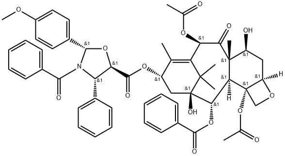 5-Oxazolidinecarboxylic acid, 3-benzoyl-2-(4-methoxyphenyl)-4-phenyl-, (2aR,4S,4aS,6R,9S,11S,12S,12aR,12bS)-6,12b-bis(acetyloxy)-12-(benzoyloxy)-2a,3,4,4a,5,6,9,10,11,12,12a,12b-dodecahydro-4,11-dihydroxy-4a,8,13,13-tetramethyl-5-oxo-7,11-methano-1H-cyclodeca[3,4]benz[1,2-b]oxet-9-yl ester, (2S,4S,5R)- Structure