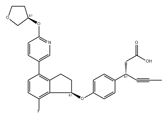 Benzenepropanoic acid, 4-[[(1R)-7-fluoro-2,3-dihydro-4-[6-[[(3R)-tetrahydro-3-furanyl]oxy]-3-pyridinyl]-1H-inden-1-yl]oxy]-β-1-propyn-1-yl-, (βS)- Structure