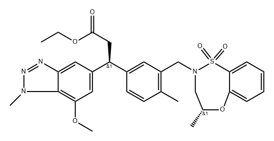 (S)-ETHYL 3-(7-METHOXY-1-METHYL-1H-BENZO[D][1,2,3]TRIAZOL-5-YL)-3-(4-METHYL-3-(((R)-4-METHYL-1,1-DIO,2230697-41-1,结构式