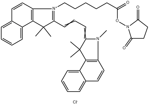 1H-Benz[e]indolium, 2-[3-(1,3-dihydro-1,1,3-trimethyl-2H-benz[e]indol-2-ylidene)-1-propen-1-yl]-3-[6-[(2,5-dioxo-1-pyrrolidinyl)oxy]-6-oxohexyl]-1,1-dimethyl-, chloride (1:1) Structure